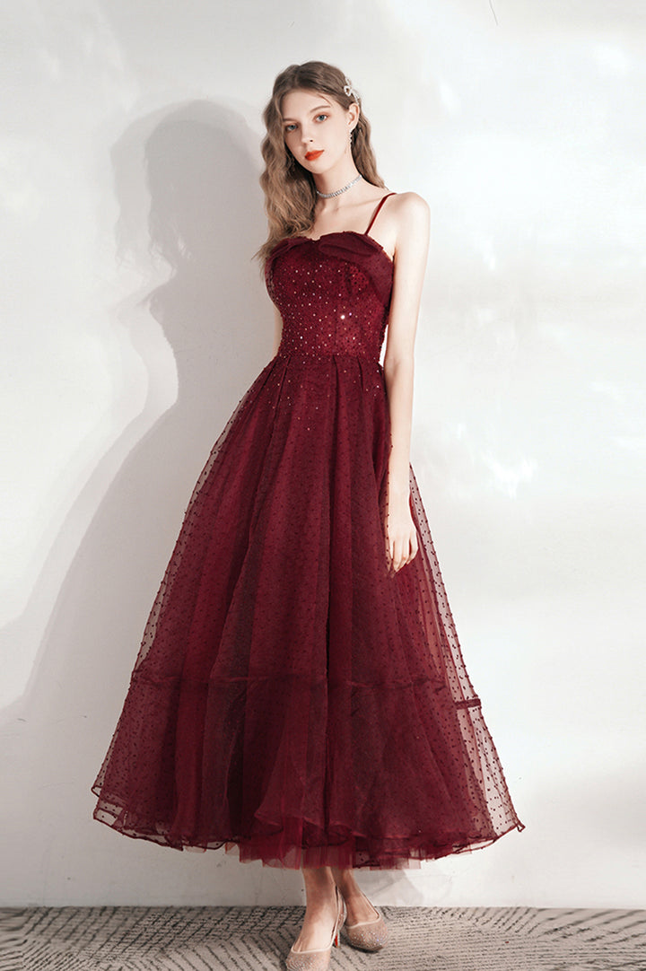Luolandi Burgundy Tulle Sequins Tea Length Prom Dress A-Line Party Dress Sparkly