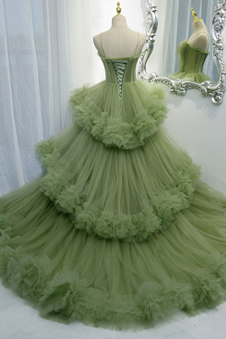 Luolandi Green Tulle Long Prom Dresses A-Line Formal Evening Dresses Beautiful