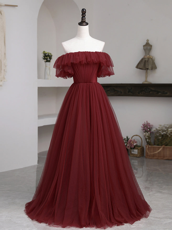 Luolandi Burgundy Tulle Floor Length Prom Dress Simple A-Line Evening Party Dress Sexy