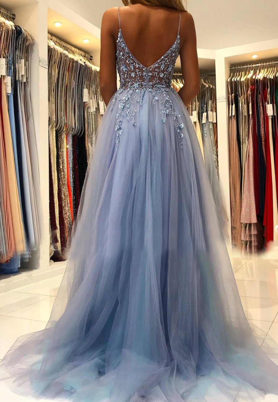 Luolandi Blue V-Neck Tulle Beading Long Prom Dresses Graduation Dress Sexy Evening Dress