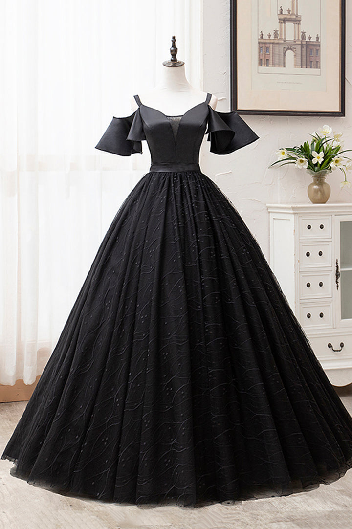 Luolandi Black V-Neck Tulle Long Prom Dresses A-Line Black Evening Dresses Sexy