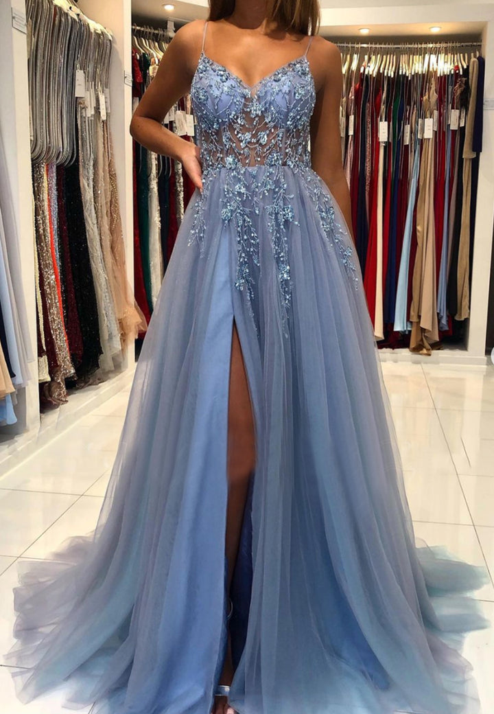 Luolandi Blue V-Neck Tulle Beading Long Prom Dresses Graduation Dress Sexy Evening Dress