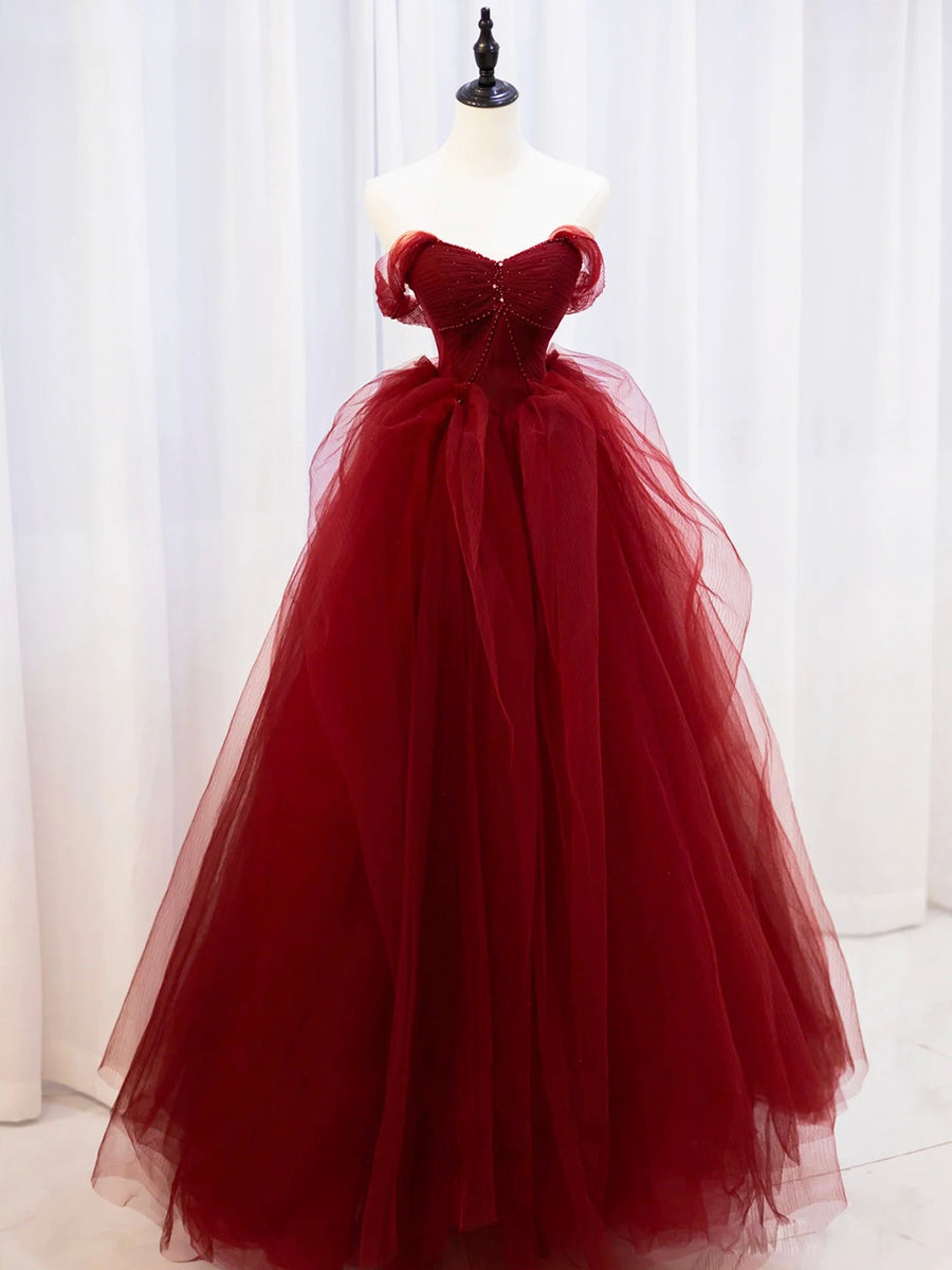 Luolandi Burgundy Sweetheart Tulle Long Prom Dress with Beaded Party Dress