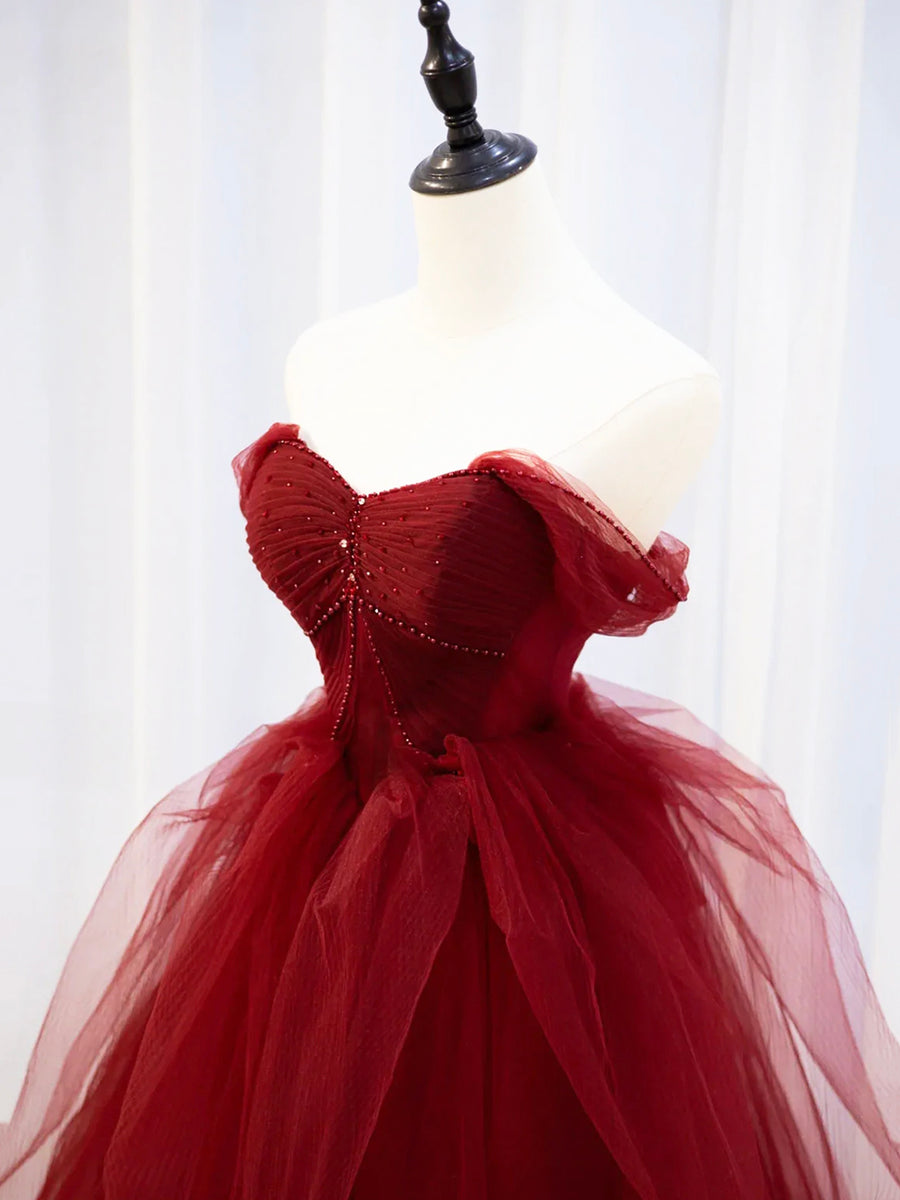 Luolandi Burgundy Sweetheart Tulle Long Prom Dress with Beaded Party Dress