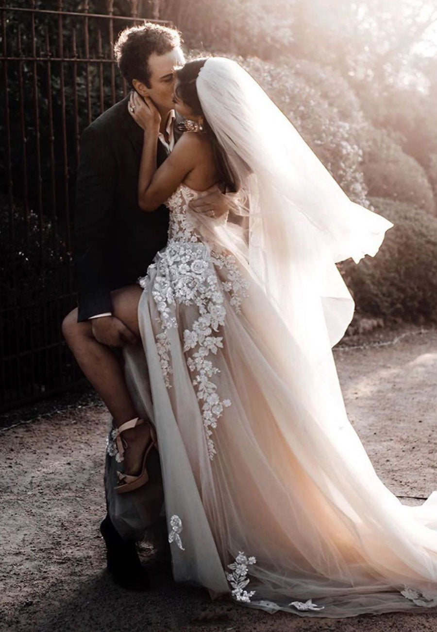 Luolandi Romantic Lace Long Prom Dress A-Line Strapless Formal Evening Dresses Sexy