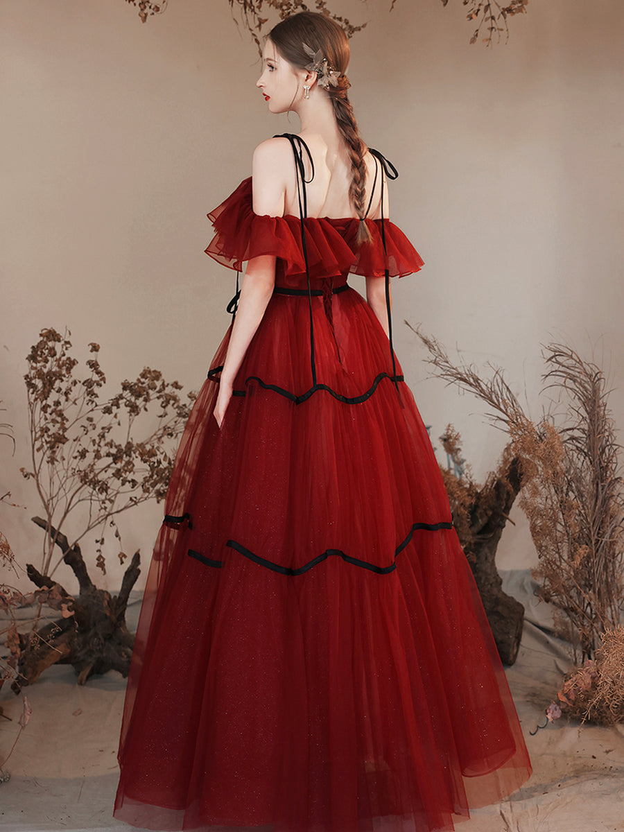 Luolandi Burgundy Tulle Long Prom Dresses Off Shoulder Evening Party Dresses