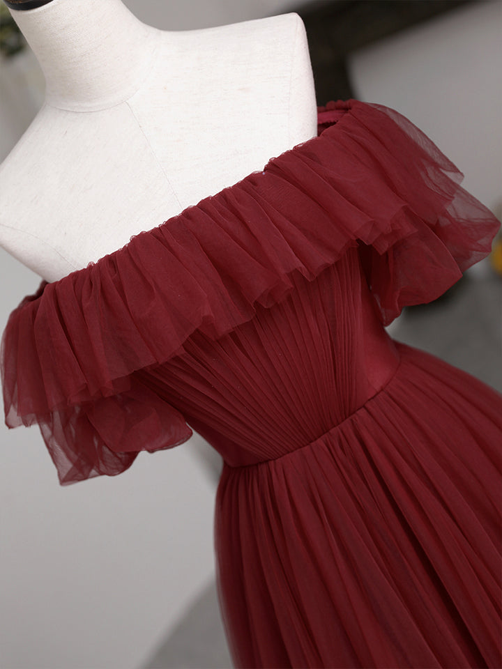Luolandi Burgundy Tulle Floor Length Prom Dress Simple A-Line Evening Party Dress Sexy