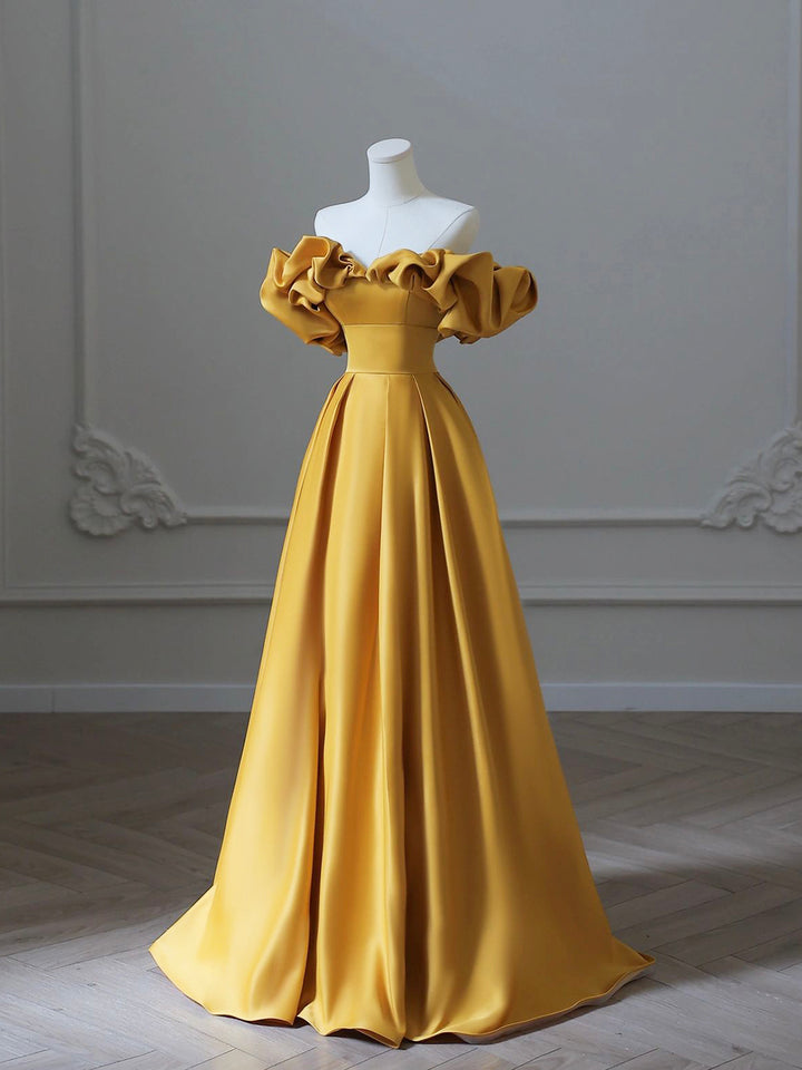 Luolandi Yellow Satin Long Prom Dress Off Shoulder A-Line Evening Dress Sexy