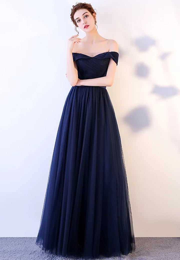 Luolandi Blue Tulle Long Prom Dresses A-Line Evening Dresses Off Shoulder Floor Length