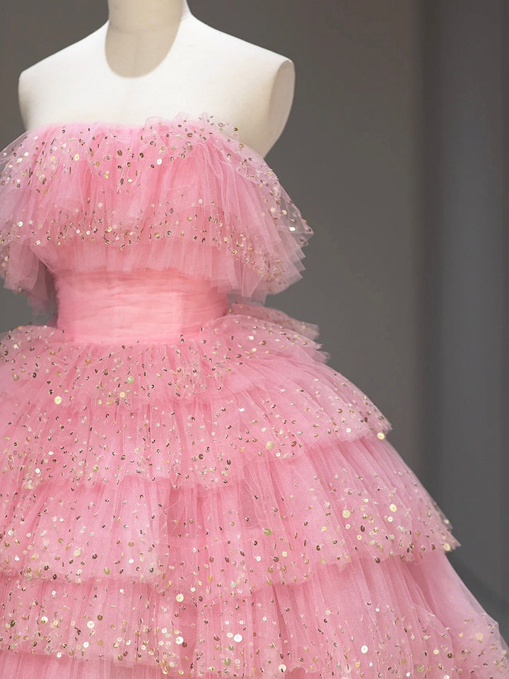 Luolandi Pink Strapless Tulle Sequins Long Formal Dress A-Line Princess Dress Sweet 16 Dress Off Shoulder
