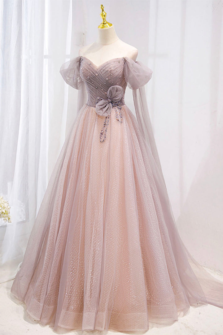 Luolandi Pink Tulle Beaded Long Prom Dress Off the Shoulder Evening Dress With Bow