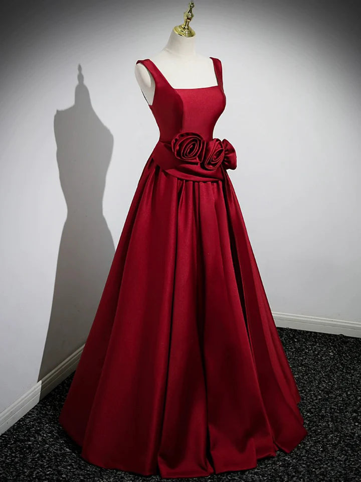 Luolandi Burgundy Satin Long Prom Dress with Flowers Elegant A-Line Party Dress Floor Length