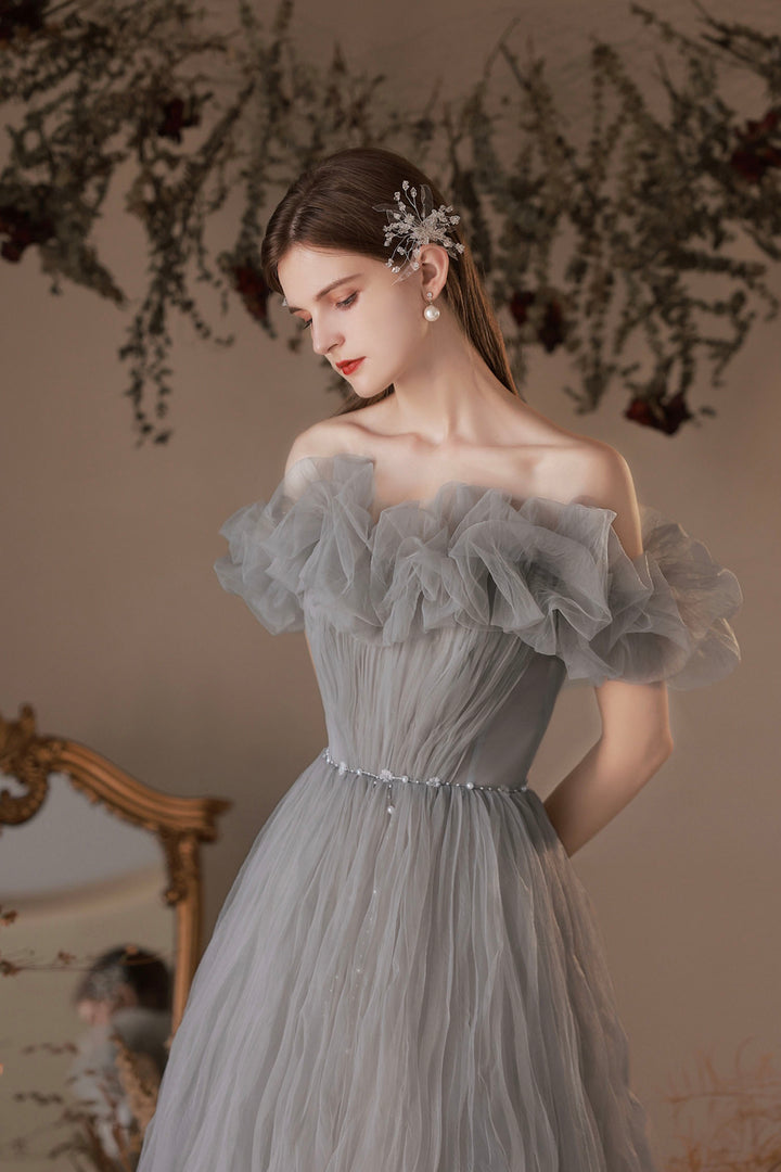 Luolandi Gray Tulle Long Prom Dress A-Line Off the Shoulder Evening Dress Sexy