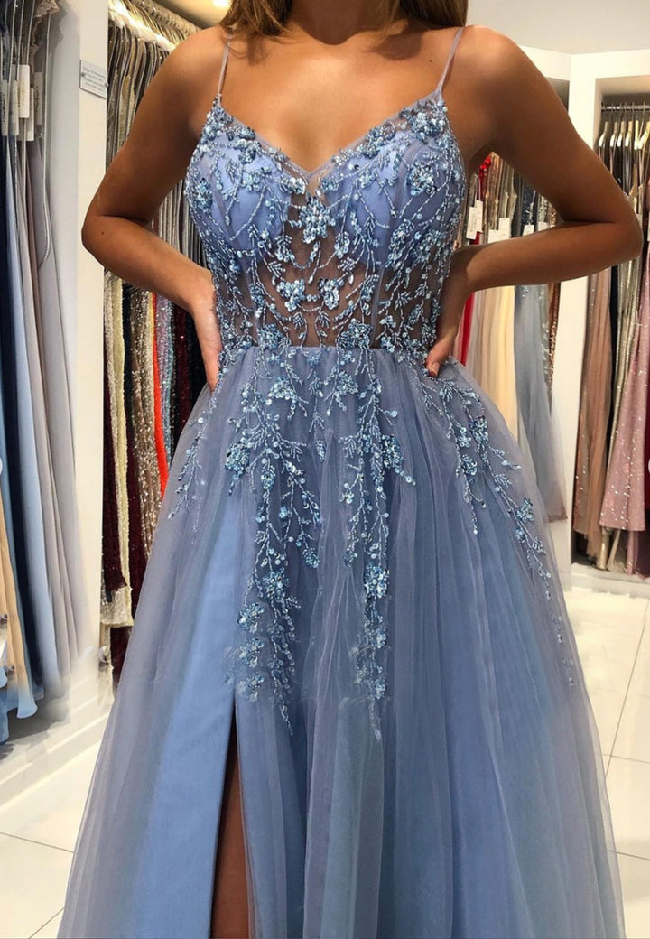 Luolandi Blue V-Neck Tulle Beading Long Prom Dresses Graduation Dress Sexy Evening Dress