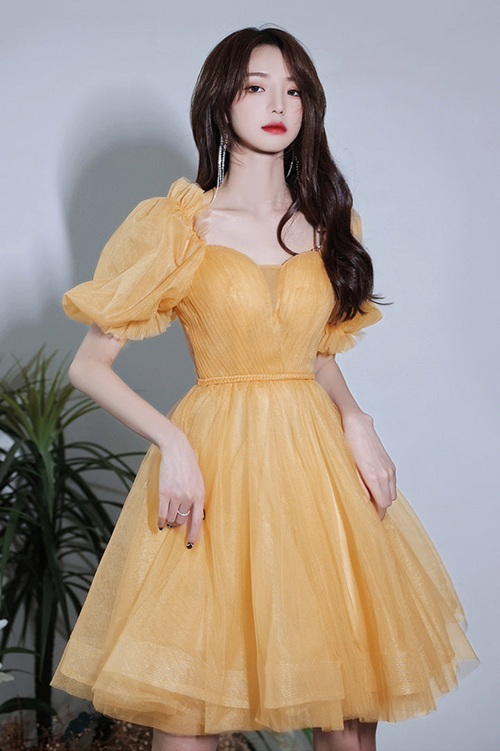 Luolandi Yellow Tulle Short A-Line Prom Dress Party Dress Pure Color