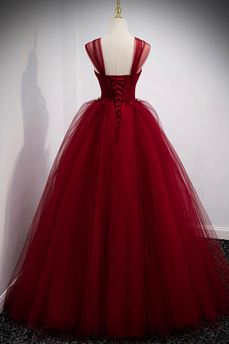 Luolandi Burgundy Tulle Long A-Line Prom Dress Burgundy Evening Party Dress Sexy