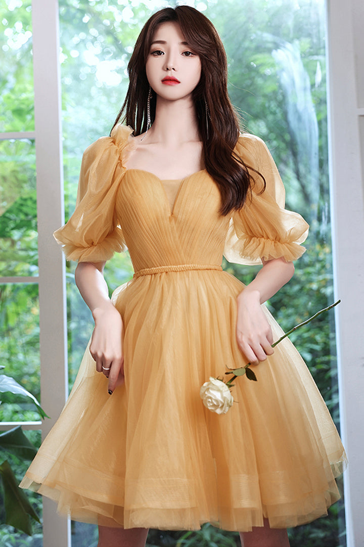 Luolandi Yellow Tulle Short A-Line Prom Dress Party Dress Pure Color