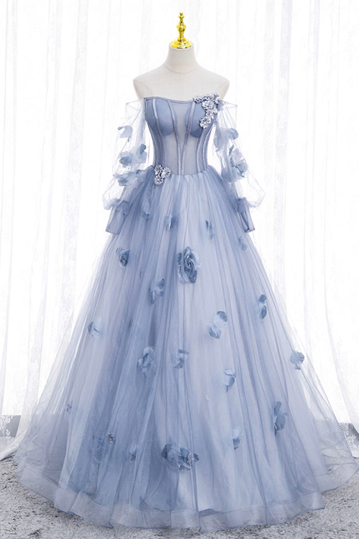 Luolandi Blue Tulle Long Sleeve Prom Dress A-Line Off the Shoulder Evening Gown With Flowers