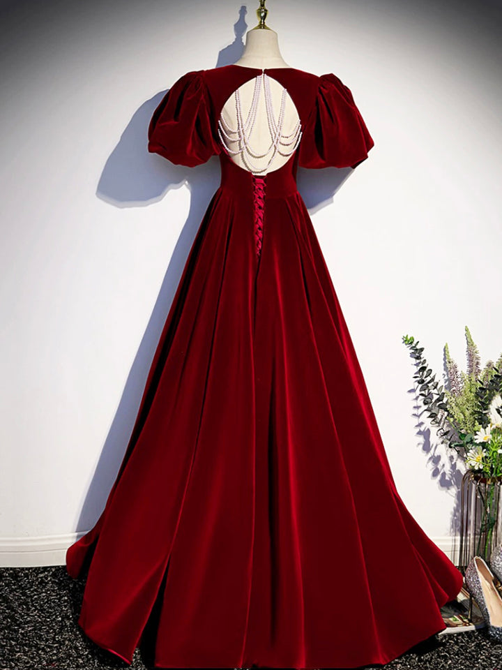 Luolandi Burgundy Velvet Floor Length Prom Dress Beautiful Open Back Evening Dress with Pearls