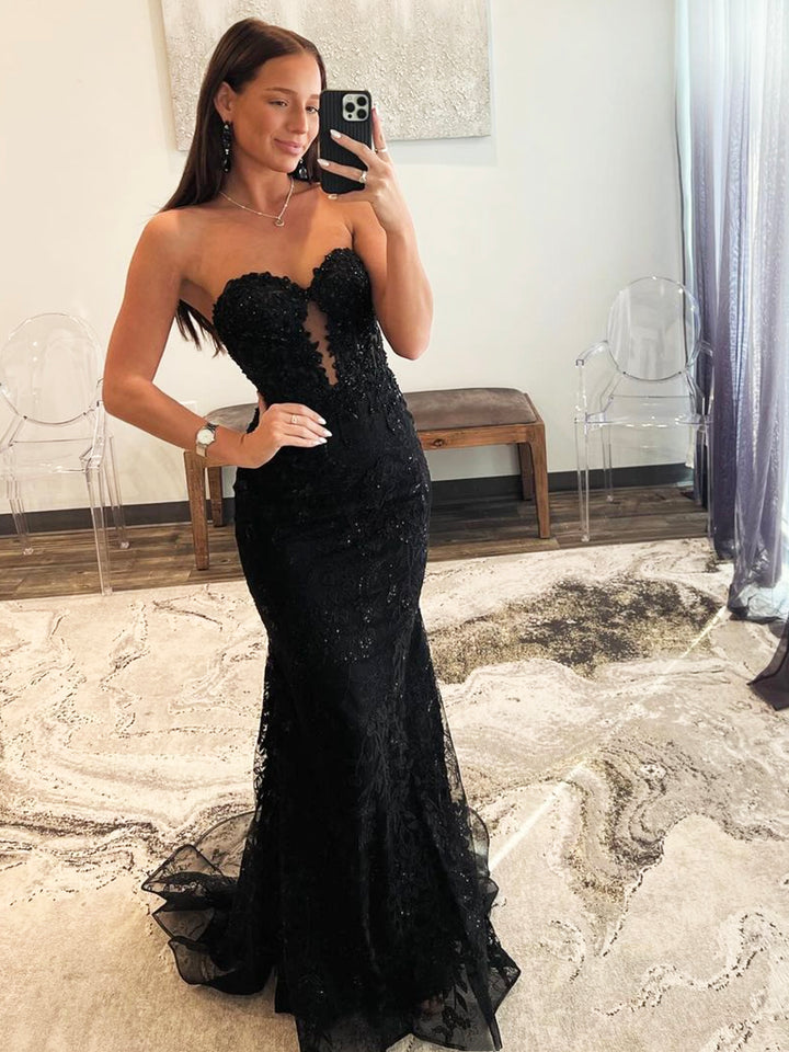 Luolandi Black Mermaid Sweetheart Lace Long Prom Dress Strapless Evening Party Dress