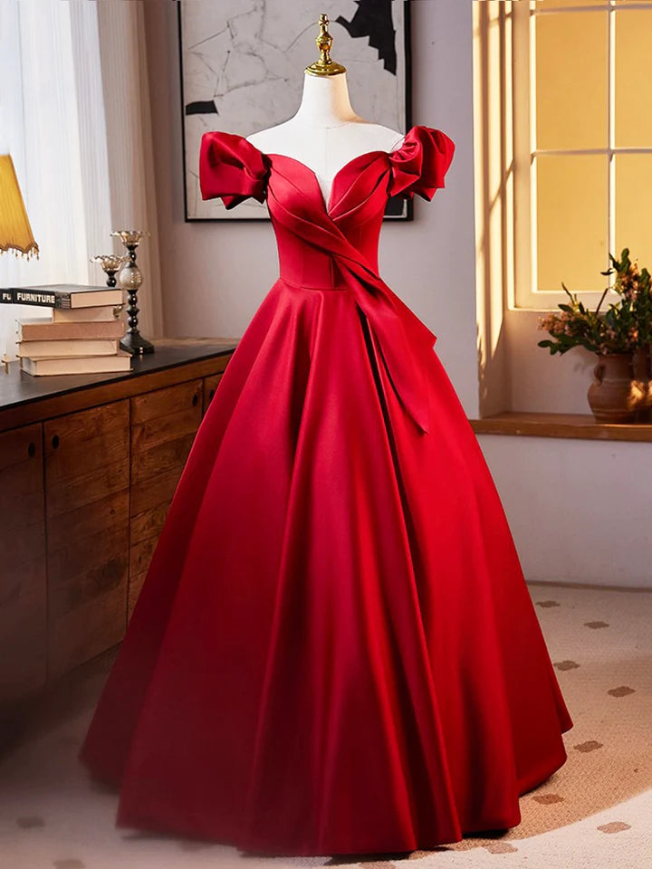 Luolandi Dark Red Satin Long Prom Dress Off the Shoulder A-Line Formal Evening Dress Sexy
