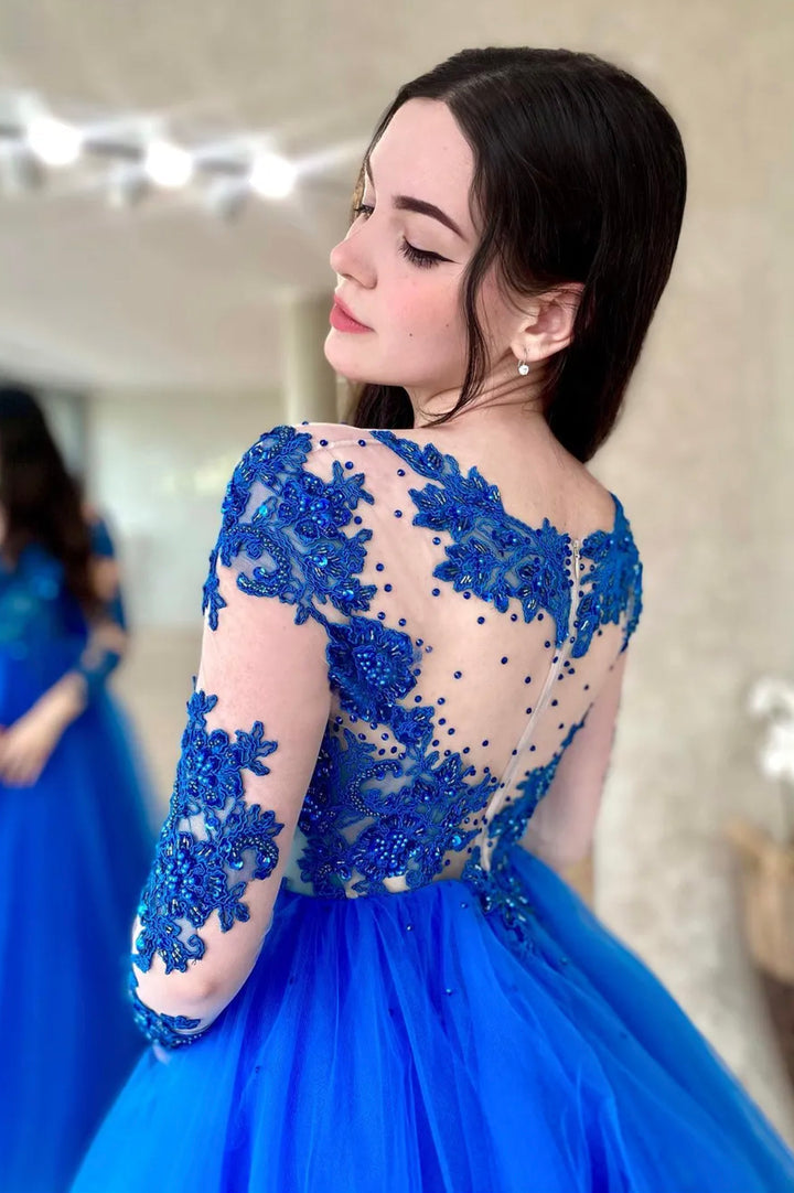 Luolandi Blue Lace Long Sleeve Evening Dress A-Line Scoop Neckline Prom Dress