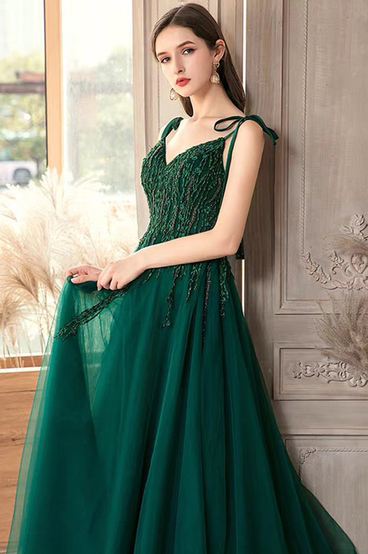 Luolandi Green V-Neck Lace Long Prom Dresses A-Line Evening Dresses Floor Length