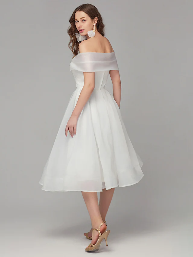 Luolandi A-Line Elegant Engagement Cocktail Party Dress Off Shoulder Sleeveless Tea Length Organza with Criss Cross