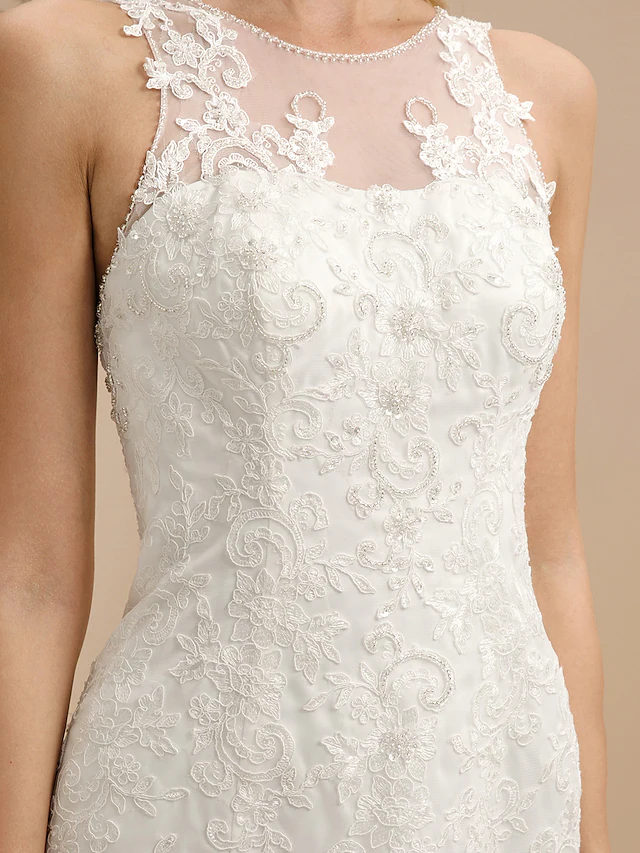 Luolandi Wedding Dresses Bateau Neck All Over Lace Regular Straps Sexy Illusion Detail Backless with Beading
