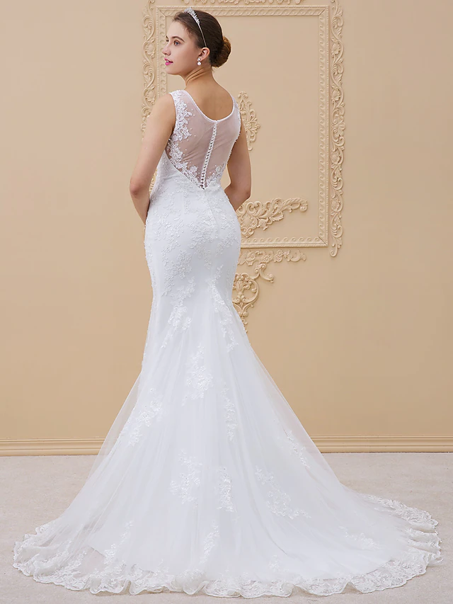 Luolandi Wedding Dresses V Neck Chapel Train Tulle All Over Lace Lace Over Tulle Regular Straps Sexy Illusion Detail Backless with Beading