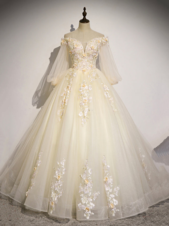 Luolandi Champagne Tulle Lace Long Prom Dress A-Line Off the Shoulder Long Sleeve Evening Dress With Flowers
