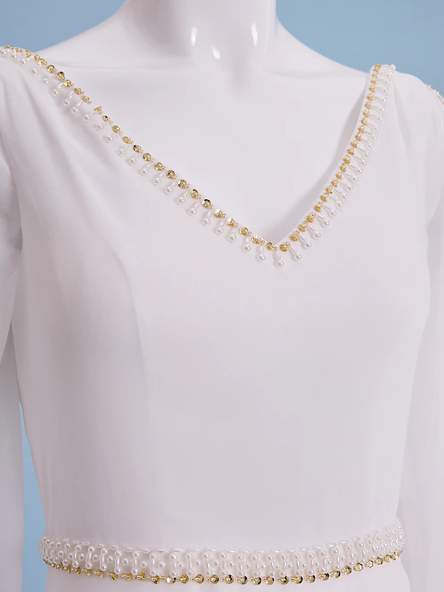 Luolandi Wedding Dresses V Neck Court Train Chiffon Long Sleeve with Beading Pure Color