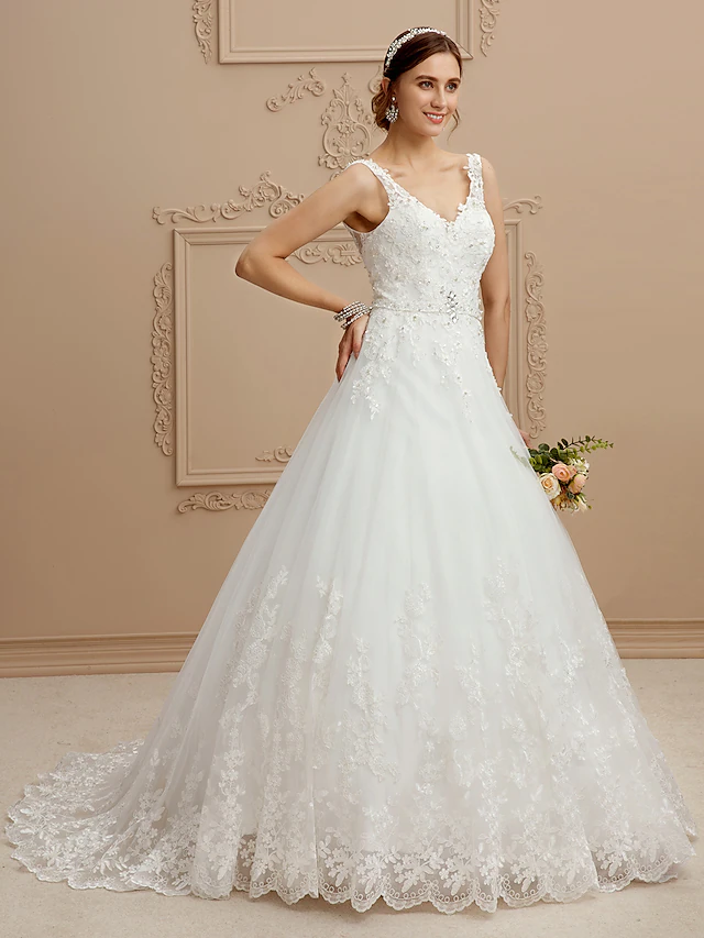Luolandi Ball Gown Wedding Dresses V Neck Court Train Tulle Beaded Lace Lace Over Tulle Spaghetti Strap Glamorous Illusion Detail Backless with Beading