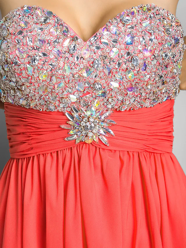 A-Line Beaded & Sequin Cute Cocktail Party Valentine's Day Dress Sweetheart Neckline Strapless Sleeveless Short Mini Chiffon with Ruched Crystals