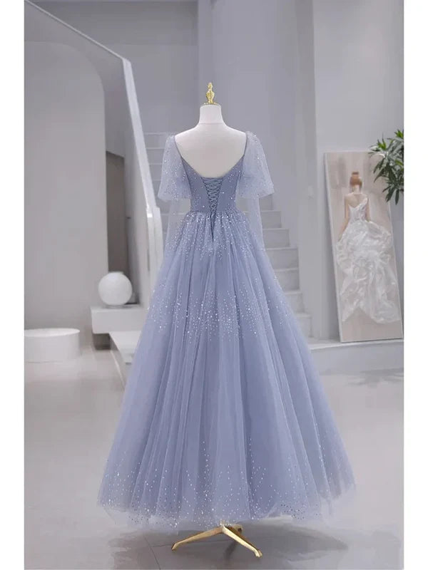Luolandi Sparkling Blue Short Sleeves Tulle Long Sweetheart Party Dress A-line Blue Prom Dress Elegant