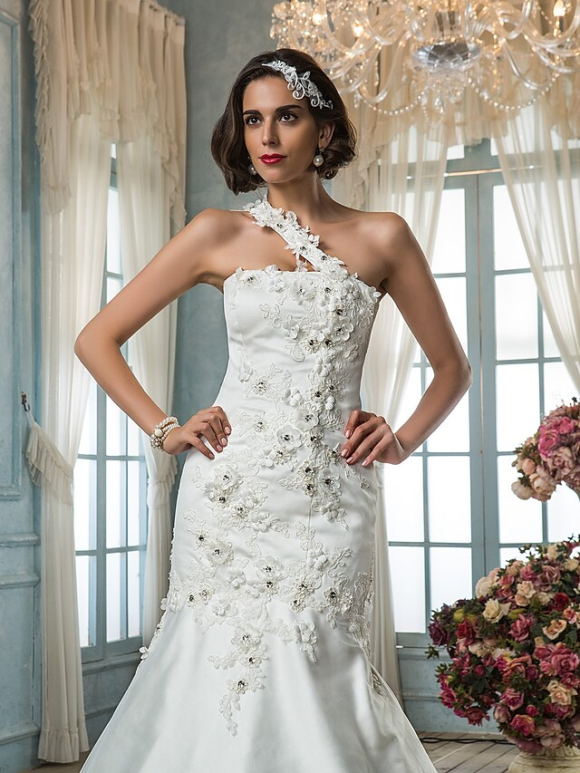 Luolandi Wedding Dresses One Shoulder Court Train Tulle Sleeveless with Beading Appliques