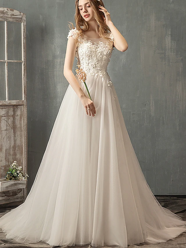 Luolandi Princess A-Line Wedding Dresses Jewel Neck Lace Tulle Cap Sleeve Country Romantic with Pleats