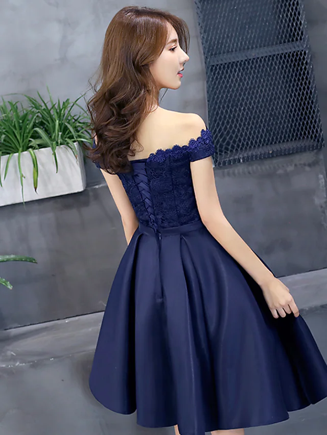 Luolandi A-Line Elegant Floral Cocktail Party Prom Dress Off Shoulder Sleeveless Short Mini Lace