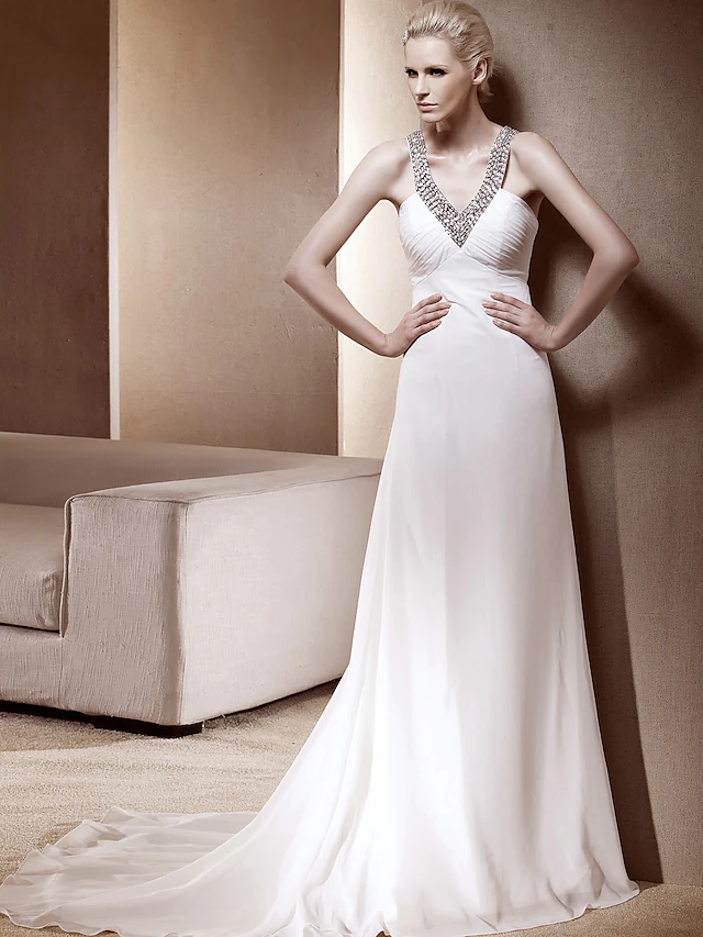 Luolandi Princess A-Line Wedding Dresses V Neck Court Train Chiffon Sleeveless Sparkle & Shine
