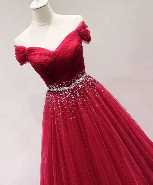 Luolandi Beautiful Dark Red Tulle Off Shoulder Long Prom Dress Beaded Party Dress Elegant Evening Dress
