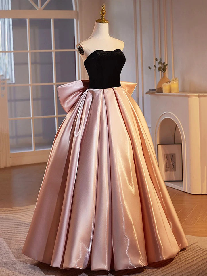 Luolandi Black Velvet and Pink Satin Floor Length Prom Dress Beautiful A-Line Strapless Party Dress With Bow