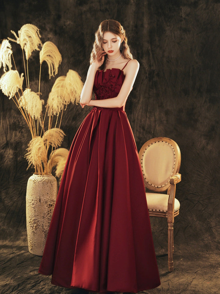 Luolandi Burgundy Satin Beaded Long Prom Dress Beautiful A-Line Evening Party Dress Sexy
