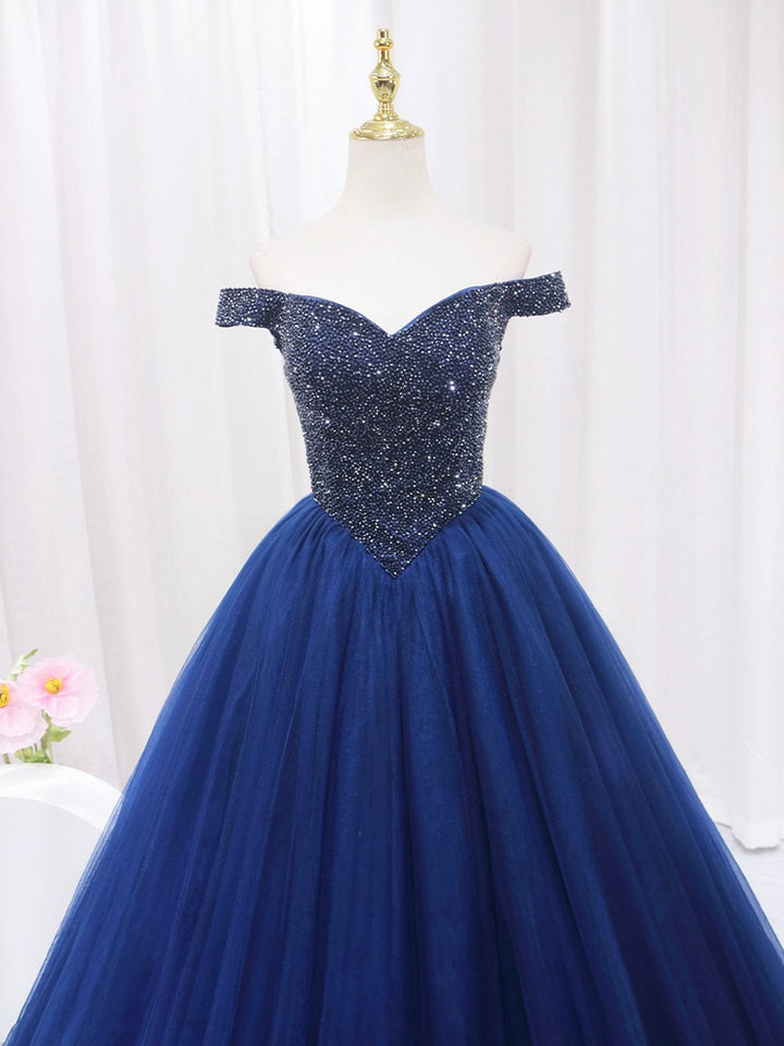 Luolandi Blue Tulle Beaded Long Prom Dress Off the Shoulder Evening Party Dress Sparkly