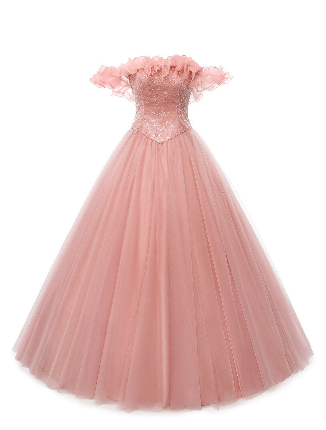 Luolandi Ball Gown Prom Dresses Puffy Dress Quinceanera Floor Length Sleeveless Off Shoulder Tulle with Pearls
