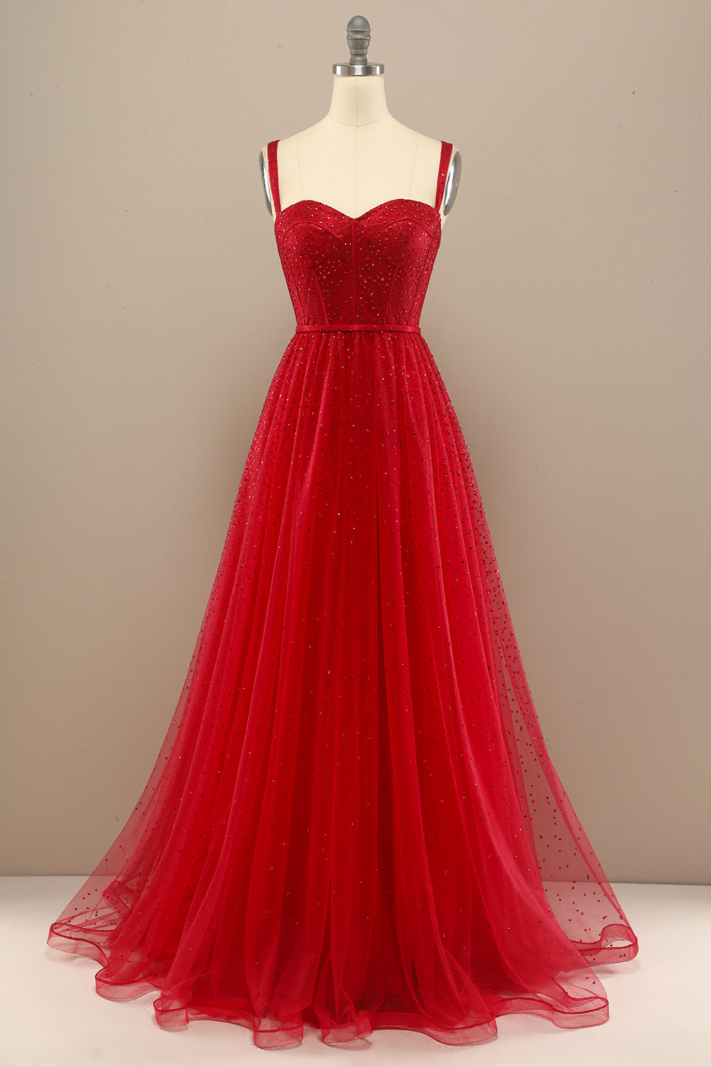 Luolandi Red A Line Sweetheart Tulle Long Prom Dress with Beading Sexy Evening Dresses