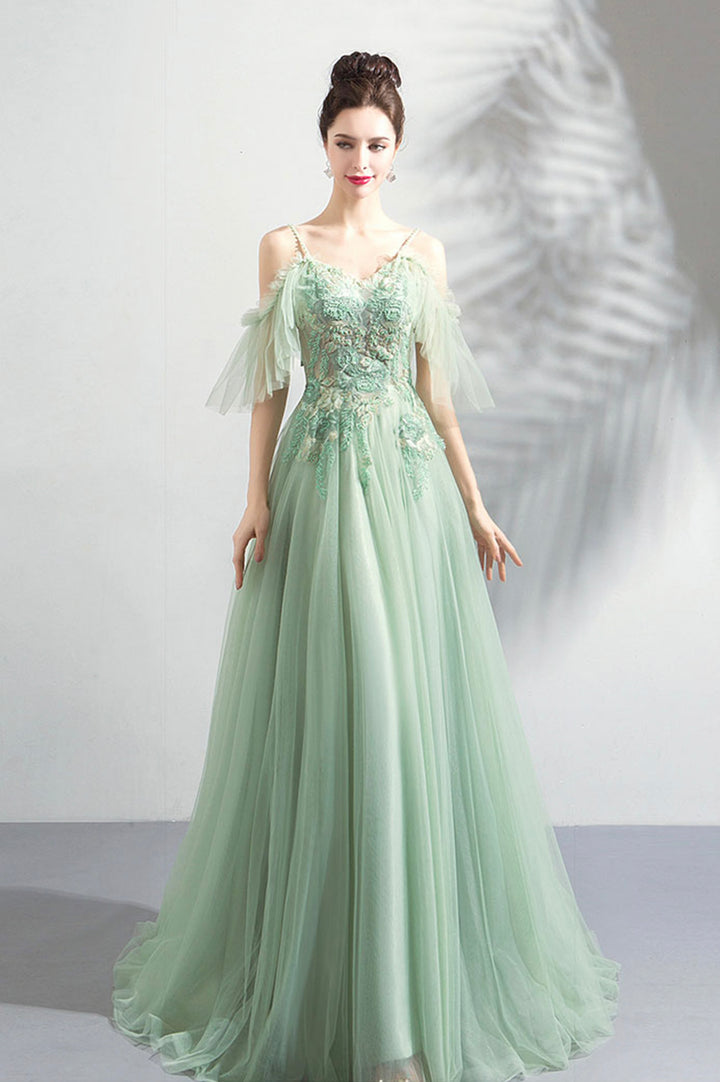 Luolandi Green Lace Floor Length Prom Dresses A-Line Off the Shoulder Evening Dress Party Dress