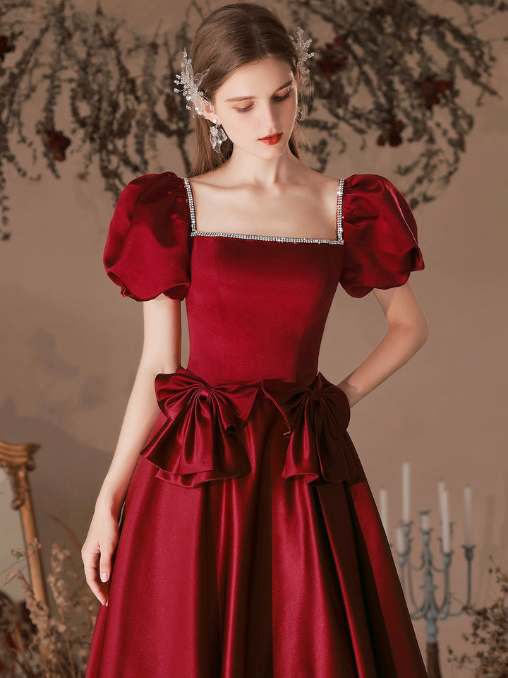 Luolandi Burgundy Satin Beaded Tea Length Prom Dress A-Line Short Sleeve Party Dress With Bow(s)