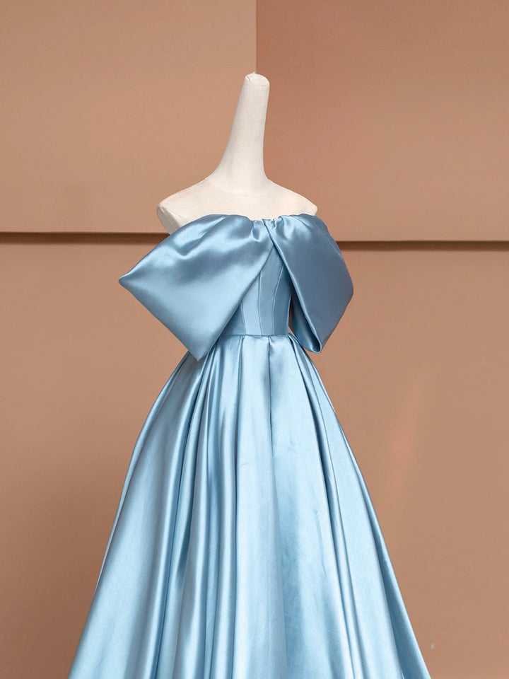 Luolandi Blue Satin Floor Length Prom Dress Off the Shoulder Evening Party Dress Off Shoulder
