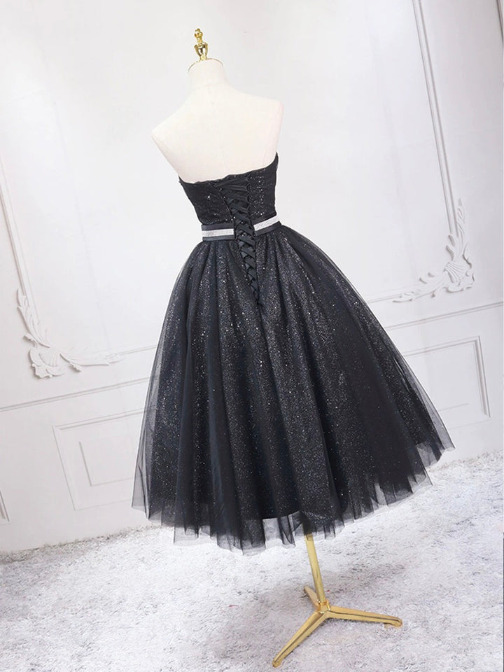 Luolandi Black Strapless Tulle Knee Length Prom Dress Black A-Line Sweetheart Party Dress Homecoming Dresses