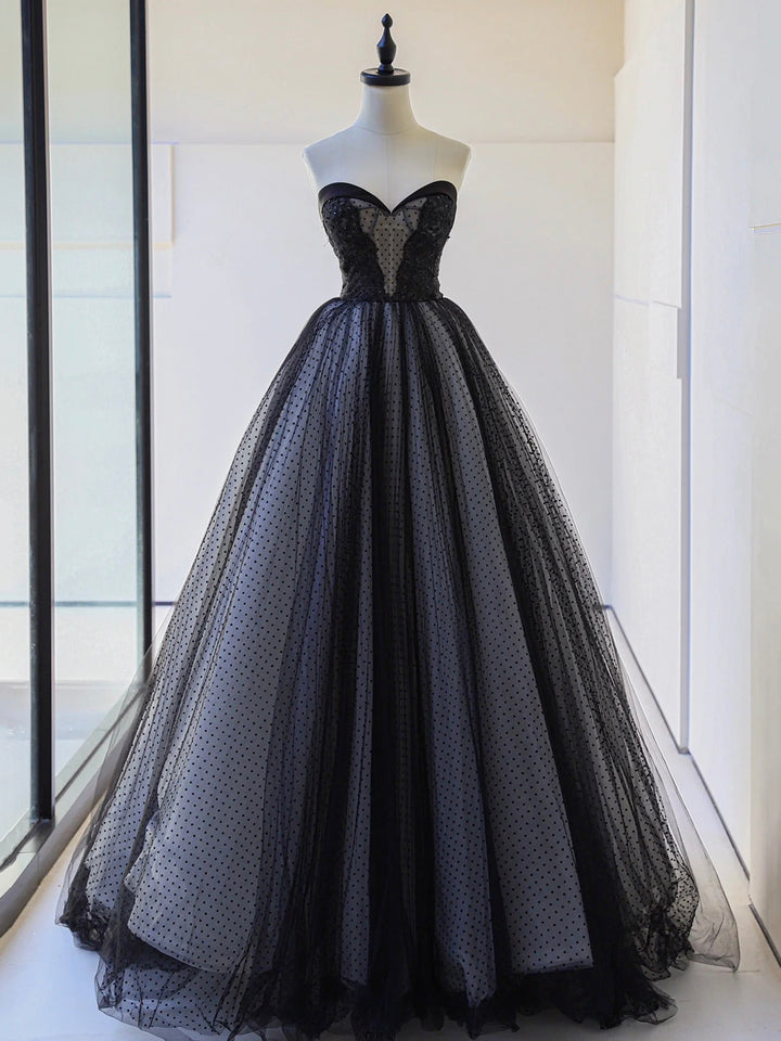 Luolandi Strapless Tulle Lace Long Prom Dress Black A-Line Sweetheart Neck Evening Party Dress